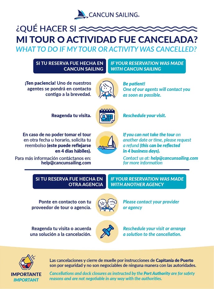 qué hacer si mi tour con Cancun Sailing fue cancelado?